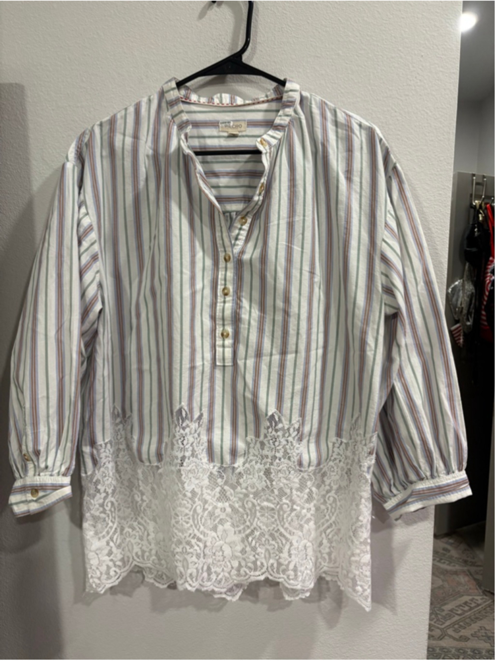 Pilcro Anthropologie Tunic Top Stripe Blue White Lace Bottom L